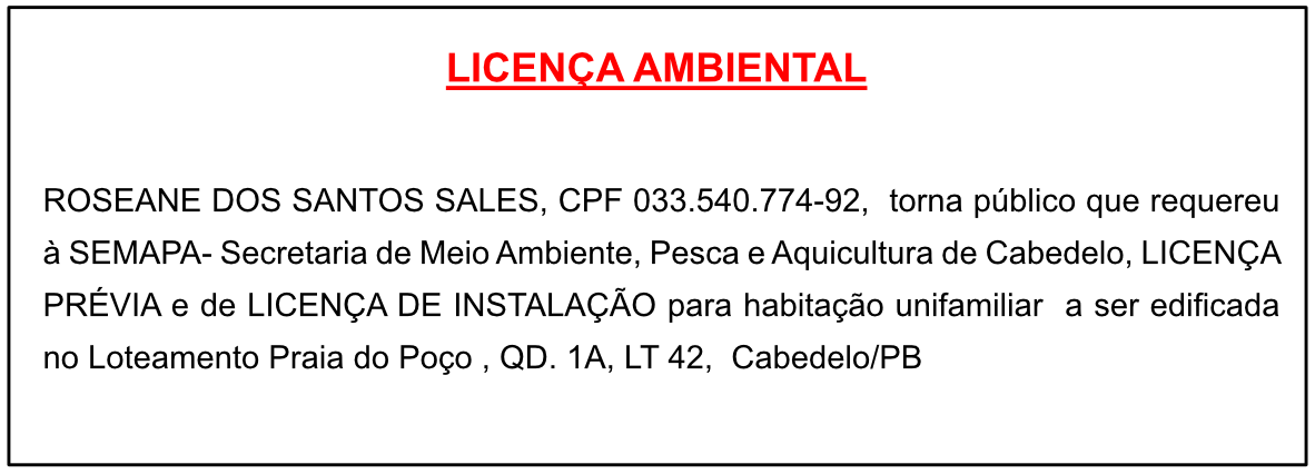 ROSEANE DOS SANTOS SALES – LICENÇA AMBIENTAL