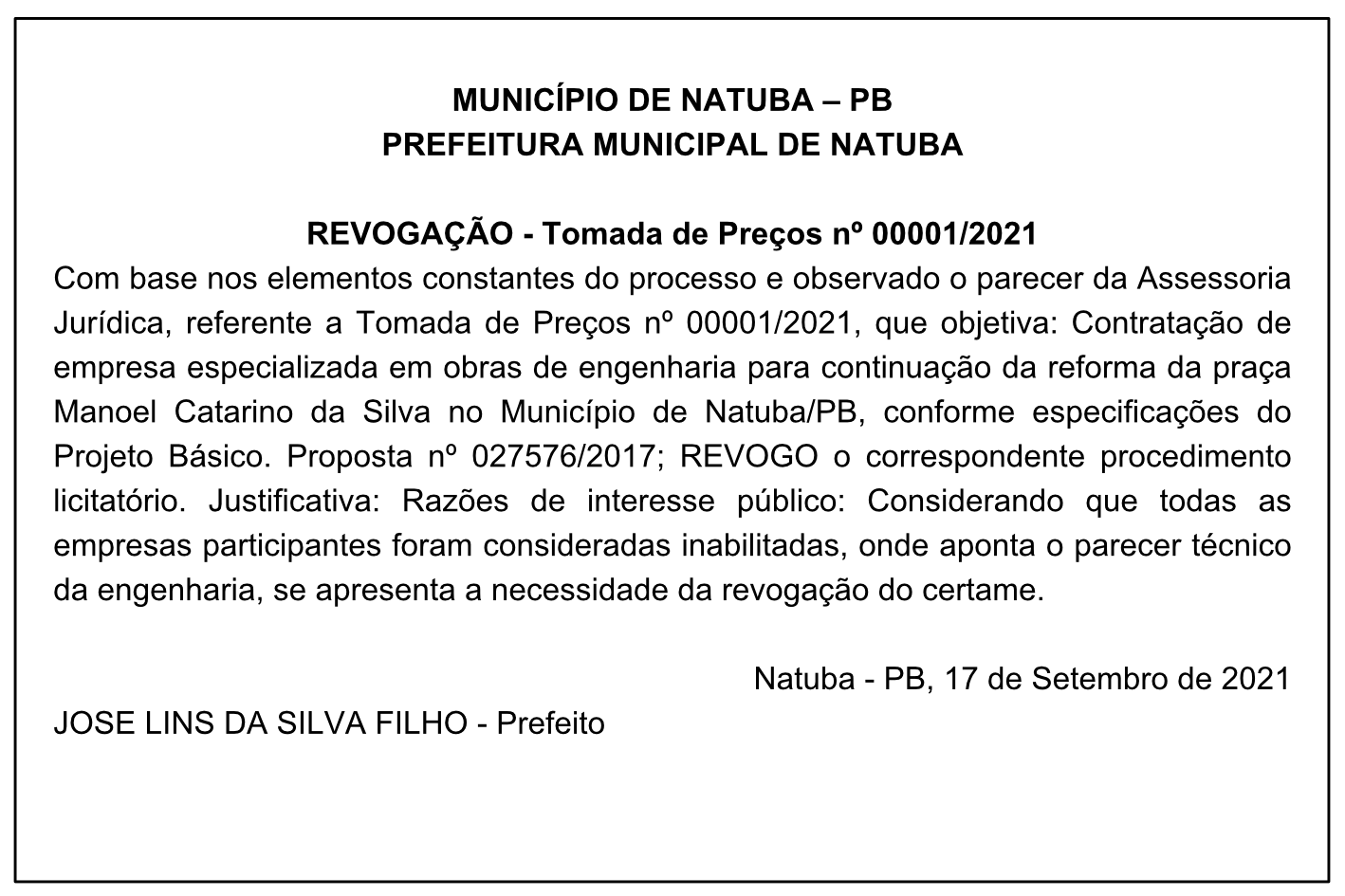 PREFEITURA MUNICIPAL DE NATUBA – REVOGAÇÃO – TOMADA DE PREÇOS Nº 00001/2021