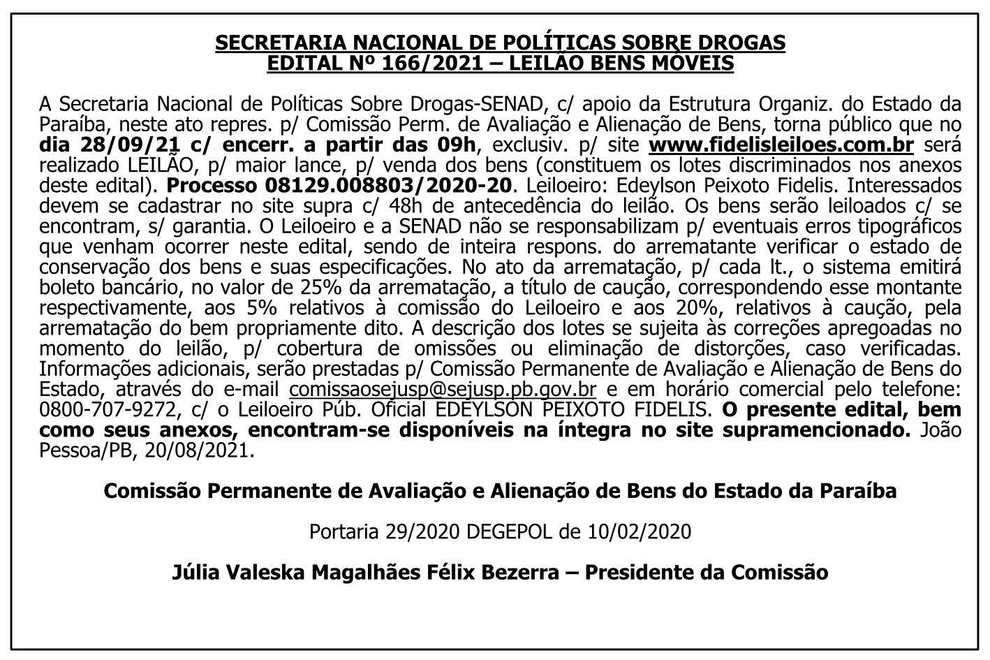 SENAD – EDITAL Nº 166/2021 – LEILÃO EXTRAJUDICIAL