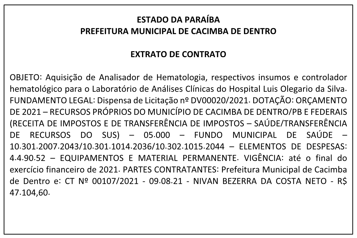 PREFEITURA MUNICIPAL DE CACIMBA DE DENTRO – EXTRATO DE CONTRATO