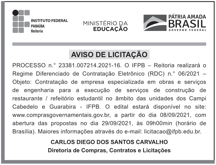 IFPB – PB – JOÃO PESSOA – REITORIA – EDITAL – RDC ELETRÔNICO Nº 006/2021 – Campi Cabedelo e Guarabira