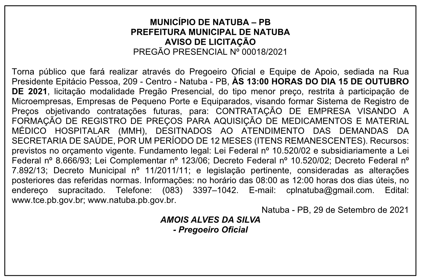 PREFEITURA MUNICIPAL DE NATUBA – AVISO DE LICITAÇÃO – PREGÃO PRESENCIAL Nº 00018/2021