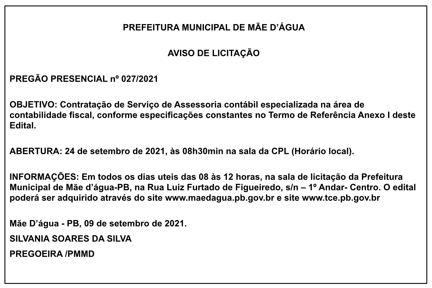 PREFEITURA MUNICIPAL DE MÃE D’ÁGUA – AVISO DE LICITAÇÃO – PREGÃO PRESENCIAL Nº 027/2021