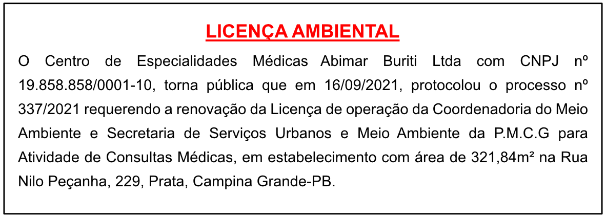 Centro de Especialidades Médicas Abimar Buriti Ltda – Licença Ambiental