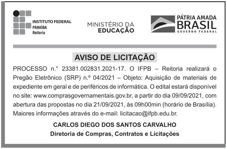 IFPB – PB – JOÃO PESSOA – REITORIA – EDITAL – PREGÃO ELETRÔNICO (SRP) Nº 004/2021