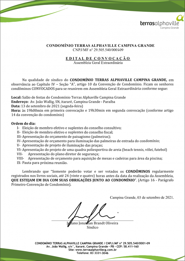 CONDOMÍNIO TERRAS ALPHAVILLE CAMPINA GRANDE – EDITAL DE CONVOCAÇÃO