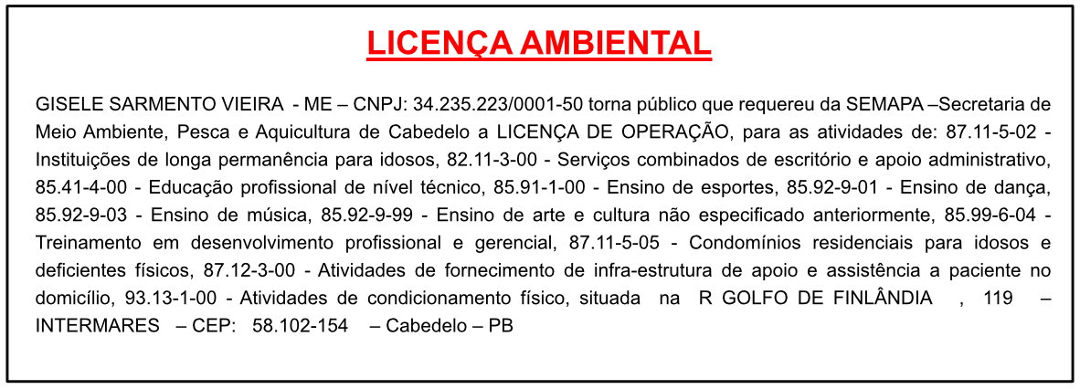 GISELE SARMENTO VIEIRA – ME – LICENÇA AMBIENTAL