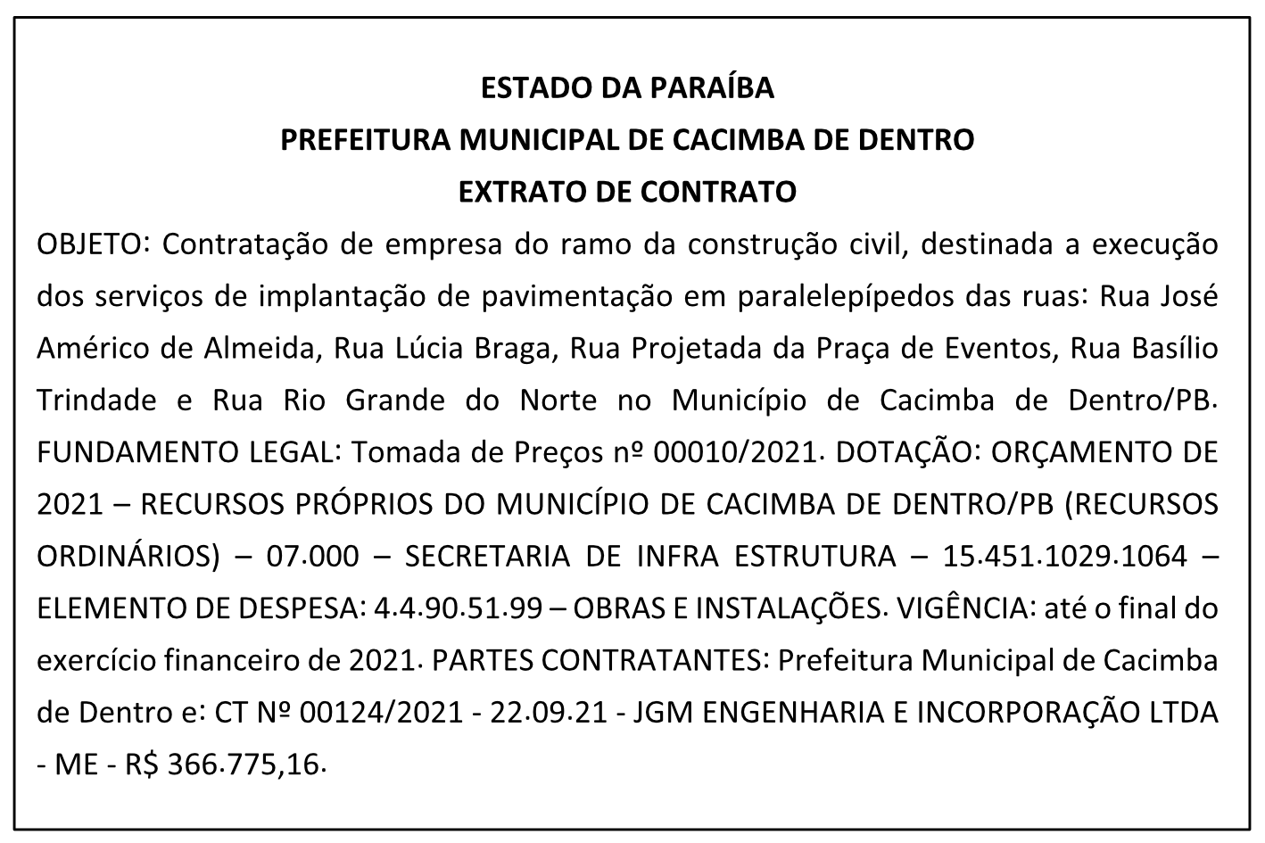 PREFEITURA MUNICIPAL DE CACIMBA DE DENTRO – EXTRATO DE CONTRATO
