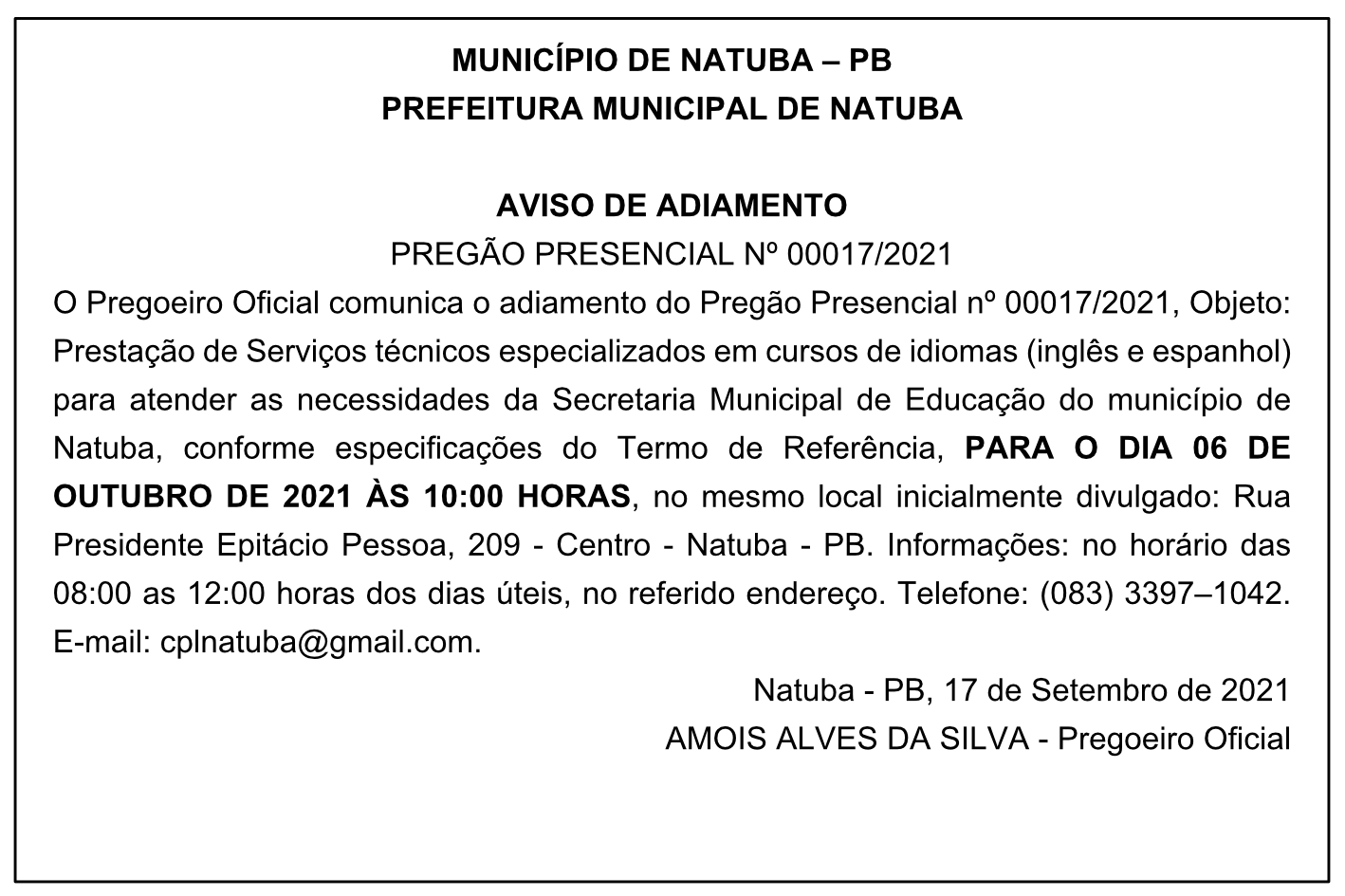 PREFEITURA MUNICIPAL DE NATUBA – AVISO DE ADIAMENTO – PREGÃO PRESENCIAL Nº 00017/2021