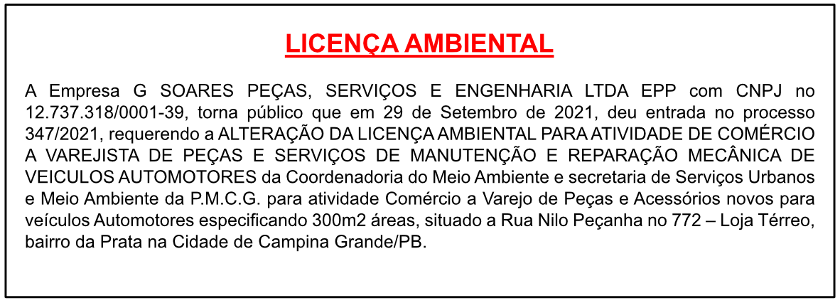 G SOARES PEÇAS, SERVIÇOS E ENGENHARIA LTDA EPP – LICENÇA AMBIENTAL