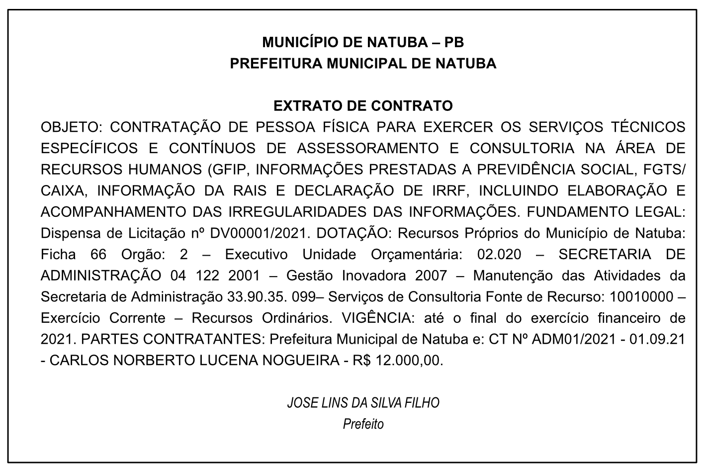 PREFEITURA MUNICIPAL DE NATUBA – EXTRATO DE CONTRATO