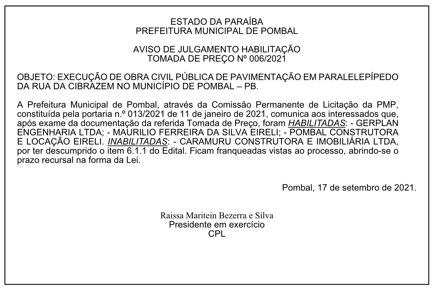 PREFEITURA MUNICIPAL DE POMBAL – AVISO DE JULGAMENTO – HABILITAÇÃO – TOMADA DE PREÇO Nº 006/2021