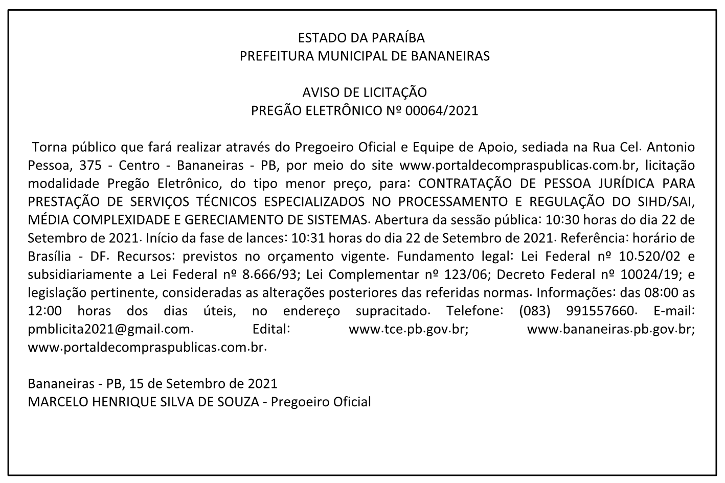 PREFEITURA MUNICIPAL DE BANANEIRAS – AVISO DE LICITAÇÃO – PREGÃO ELETRÔNICO Nº 00064/2021