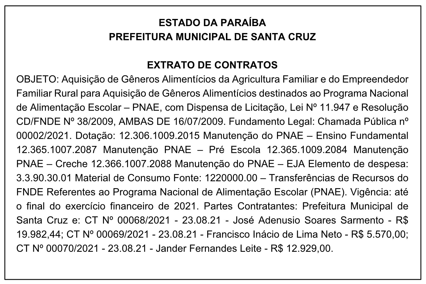 PREFEITURA MUNICIPAL DE SANTA CRUZ – EXTRATO DE CONTRATOS