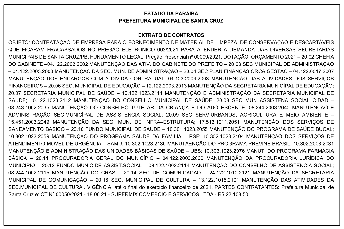 PREFEITURA MUNICIPAL DE SANTA CRUZ – EXTRATO DE CONTRATOS