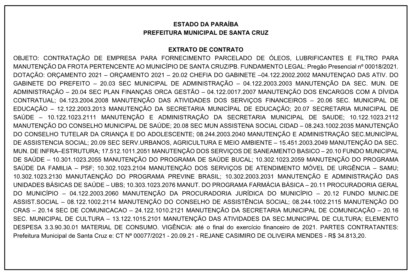 PREFEITURA MUNICIPAL DE SANTA CRUZ – EXTRATO DE CONTRATO