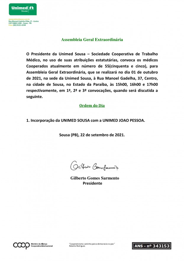 Unimed Sousa – Assembleia Geral Extraordinária
