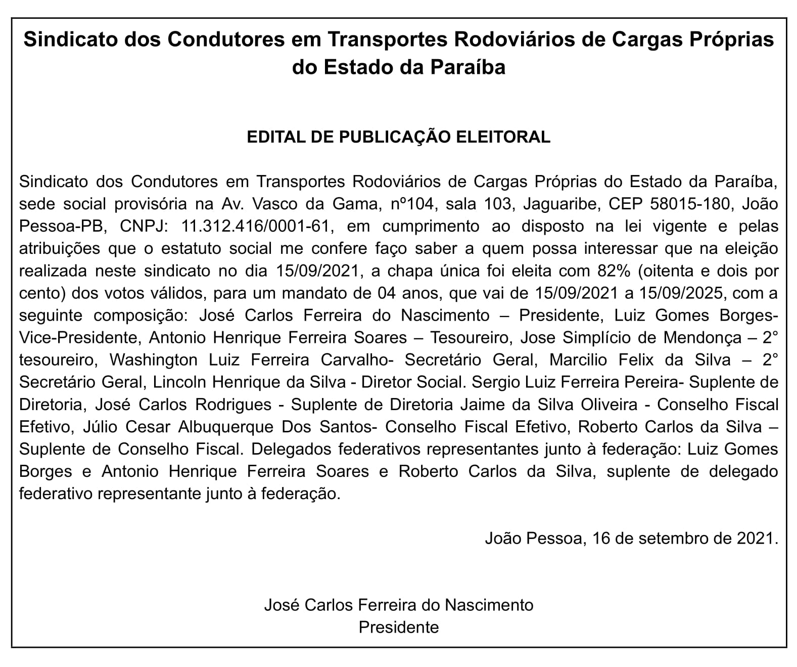 SINDICAPRO – EDITAL DE PUBLICAÇÃO ELEITORAL