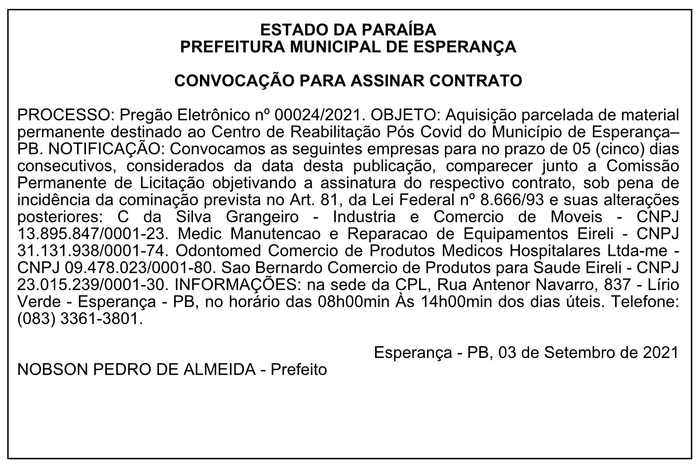 PREFEITURA MUNICIPAL DE ESPERANÇA – CONVOCAÇÃO PARA ASSINAR CONTRATO