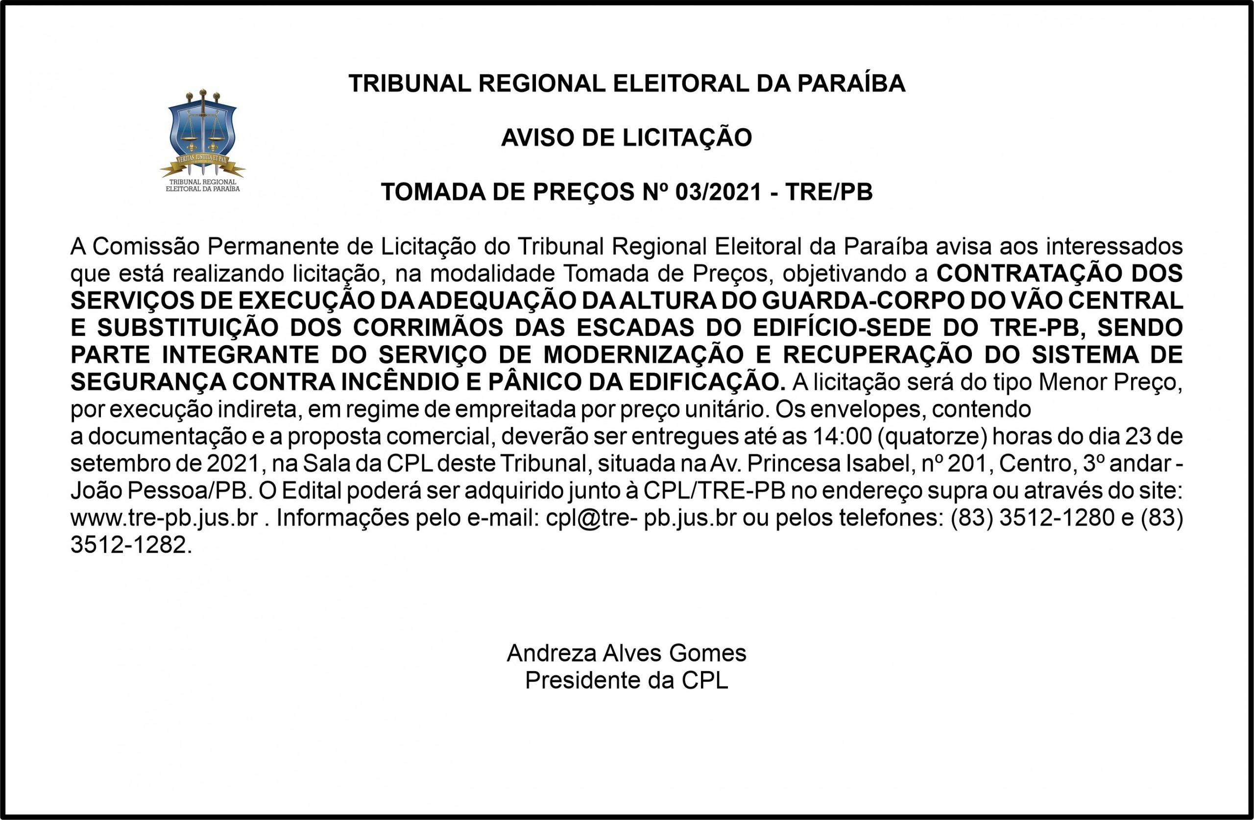 TRE/PB – AVISO DE LICITAÇÃO TOMADA DE PREÇOS Nº 03/2021