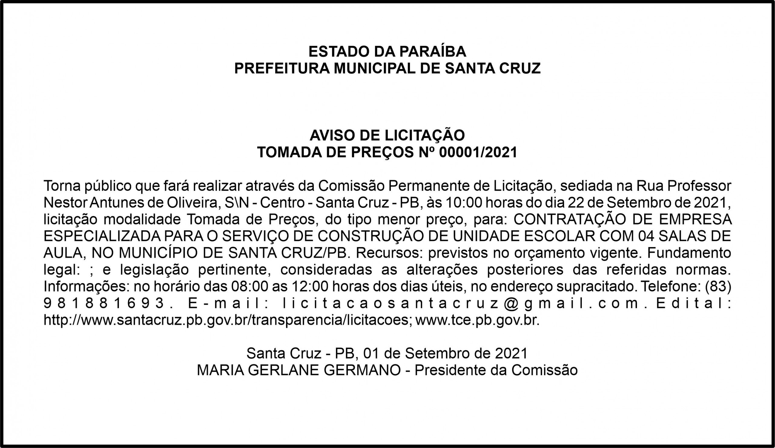 PREFEITURA MUNICIPAL DE SANTA CRUZ – AVISO DE LICITAÇÃO – TOMADA DE PREÇOS Nº 00001/2021
