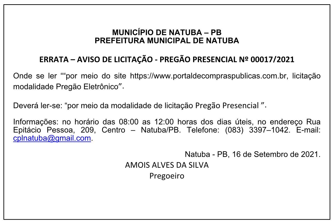 PREFEITURA MUNICIPAL DE NATUBA – ERRATA – AVISO DE LICITAÇÃO – PREGÃO PRESENCIAL Nº 00017/2021