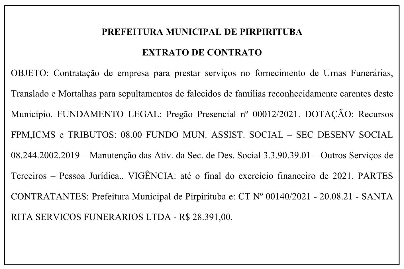 PREFEITURA MUNICIPAL DE PIRPIRITUBA EXTRATO DE CONTRATO