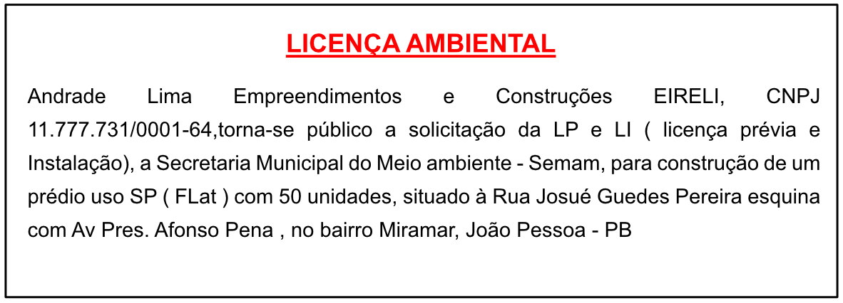 Andrade Lima Empreendimentos e Construções EIRELI – Licença Ambiental