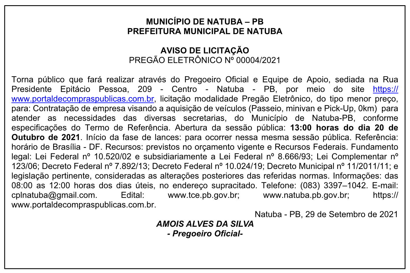PREFEITURA MUNICIPAL DE NATUBA – AVISO DE LICITAÇÃO – PREGÃO ELETRÔNICO Nº 00004/2021