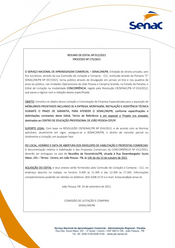 SENAC – RESUMO DE EDITAL Nº 012/2021 – PROCESSO Nº 175/2021