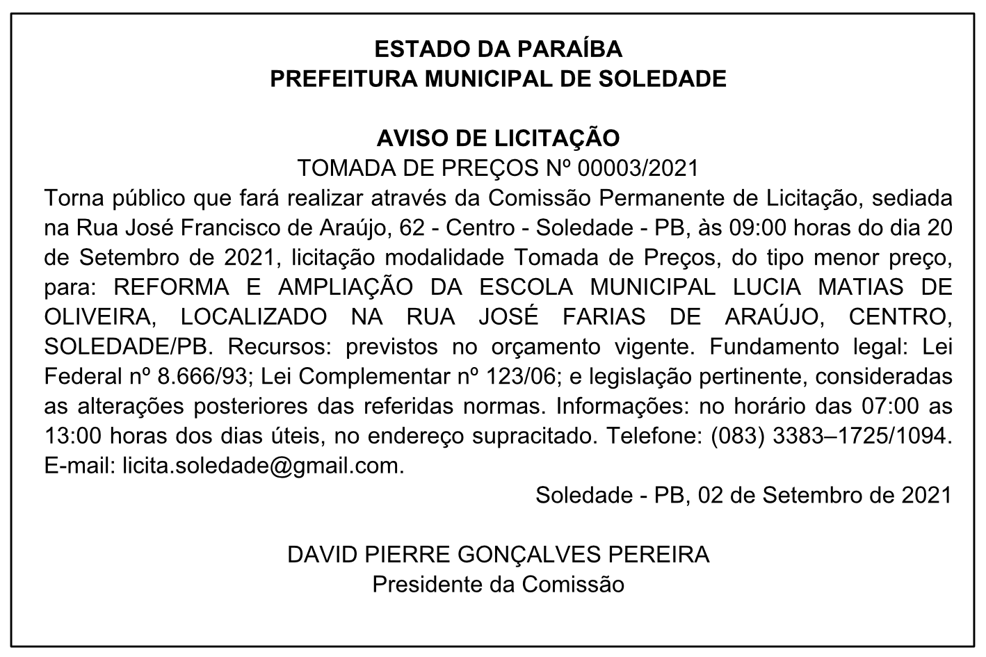 PREFEITURA MUNICIPAL DE SOLEDADE – AVISO DE LICITAÇÃO – TOMADA DE PREÇOS Nº 00003/2021