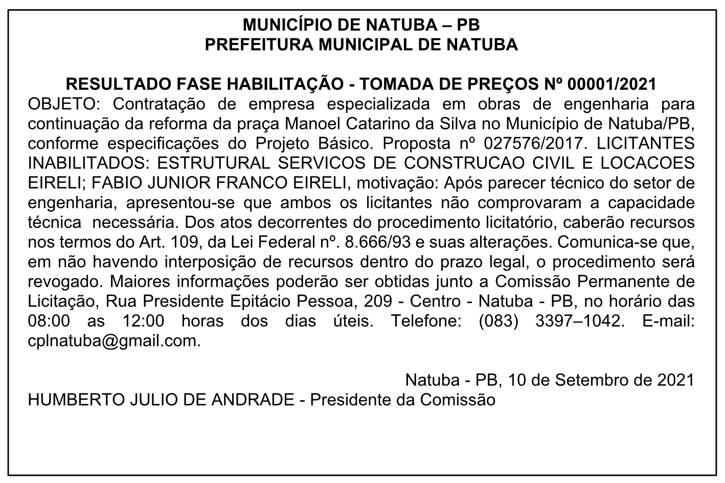 PREFEITURA MUNICIPAL DE NATUBA – RESULTADO FASE HABILITAÇÃO – TOMADA DE PREÇOS Nº 00001/2021