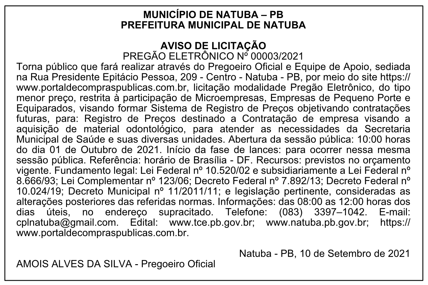 PREFEITURA MUNICIPAL DE NATUBA – AVISO DE LICITAÇÃO – PREGÃO ELETRÔNICO Nº 00003/2021