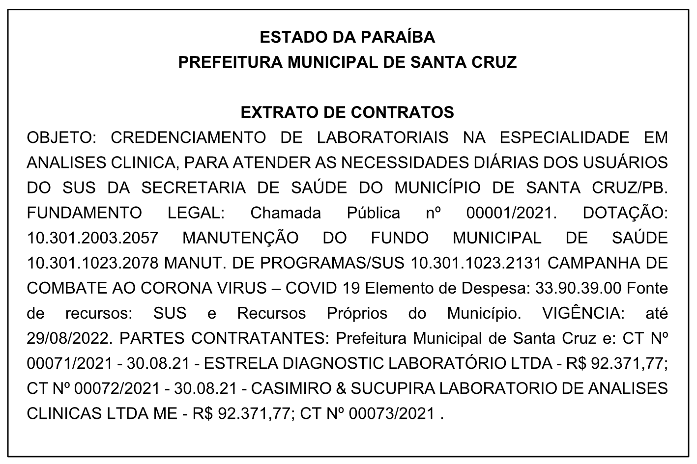PREFEITURA MUNICIPAL DE SANTA CRUZ – EXTRATO DE CONTRATOS