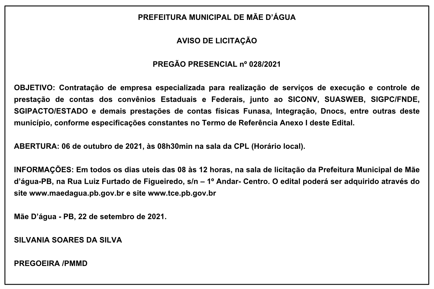 PREFEITURA MUNICIPAL DE MÃE D’ÁGUA – AVISO DE LICITAÇÃO – PREGÃO PRESENCIAL Nº 028/2021