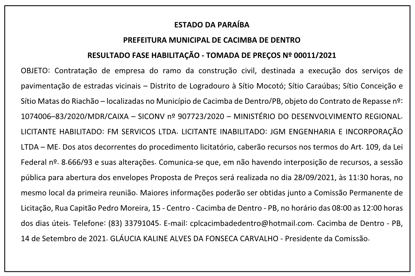 PREFEITURA MUNICIPAL DE CACIMBA DE DENTRO – RESULTADO FASE HABILITAÇÃO – TOMADA DE PREÇOS Nº 00011/2021