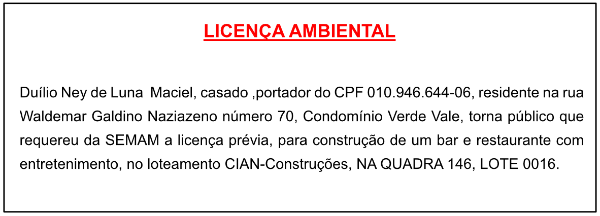 Duílio Ney de Luna Maciel – Licença Ambiental