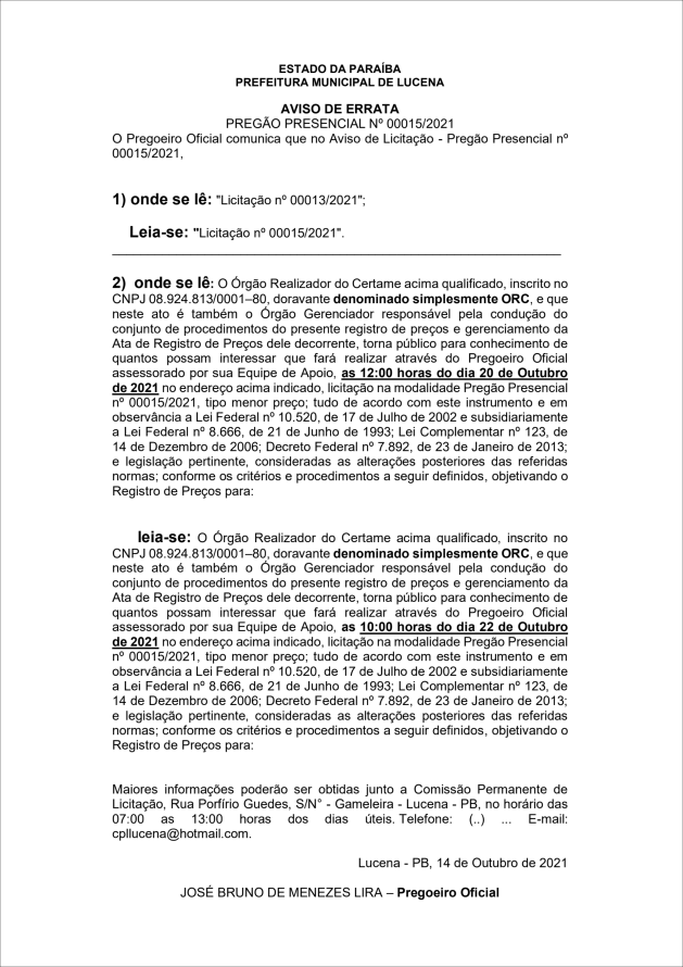 PREFEITURA MUNICIPAL DE LUCENA – AVISO DE ERRATA – PREGÃO PRESENCIAL Nº 00015/2021