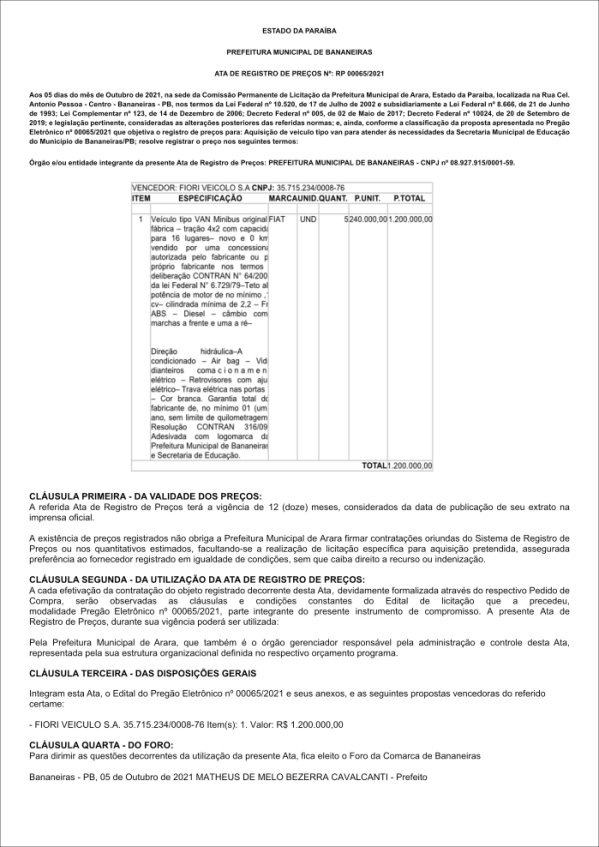 PREFEITURA MUNICIPAL DE BANANEIRAS – ATA DE REGISTRO DE PREÇOS Nº RP 00065/2021