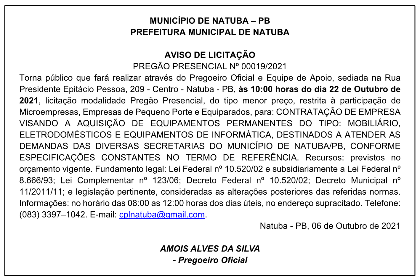 PREFEITURA MUNICIPAL DE NATUBA – AVISO DE LICITAÇÃO – PREGÃO PRESENCIAL Nº 00019/2021