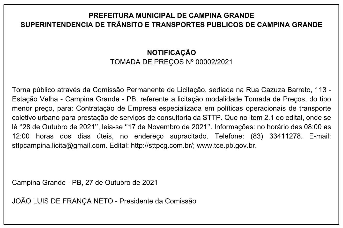 STTP – NOTIFICAÇÃO – TOMADA DE PREÇOS Nº 00002/2021