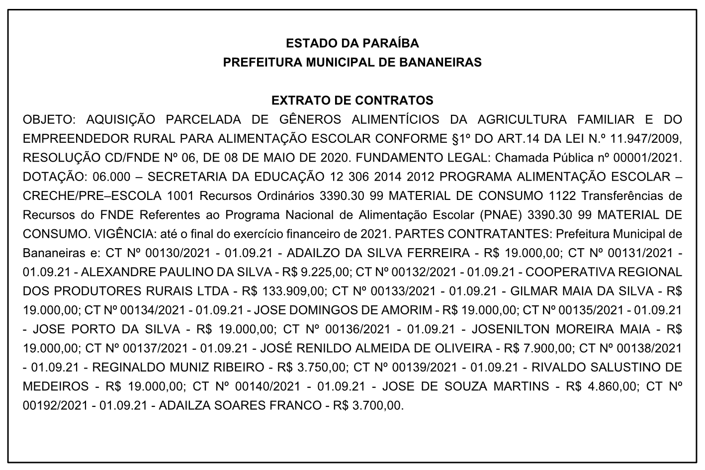 PREFEITURA MUNICIPAL DE BANANEIRAS – EXTRATO DE CONTRATOS