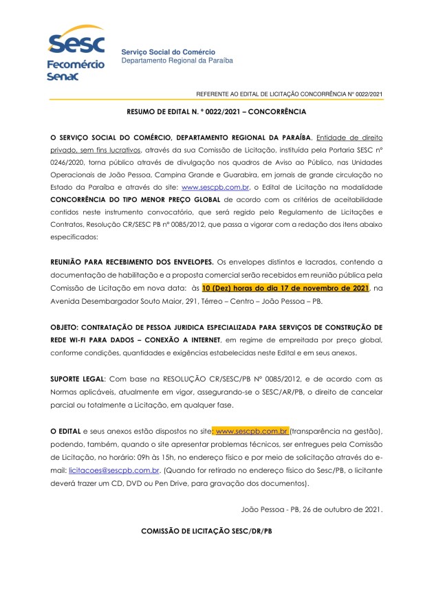 SESC – RESUMO DE EDITAL N. º 0022/2021 – CONCORRÊNCIA