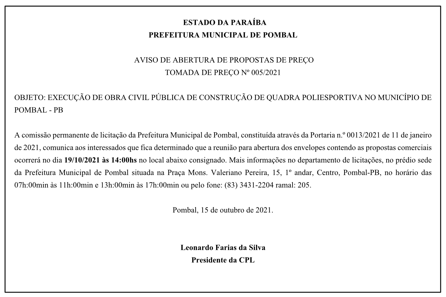 PREFEITURA MUNICIPAL DE POMBAL – AVISO DE ABERTURA DE PROPOSTAS DE PREÇO – TOMADA DE PREÇO Nº 005/2021