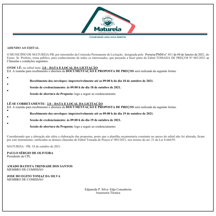 PREFEITURA MUNICIPAL DE MATUREIA – ADENDO AO EDITAL