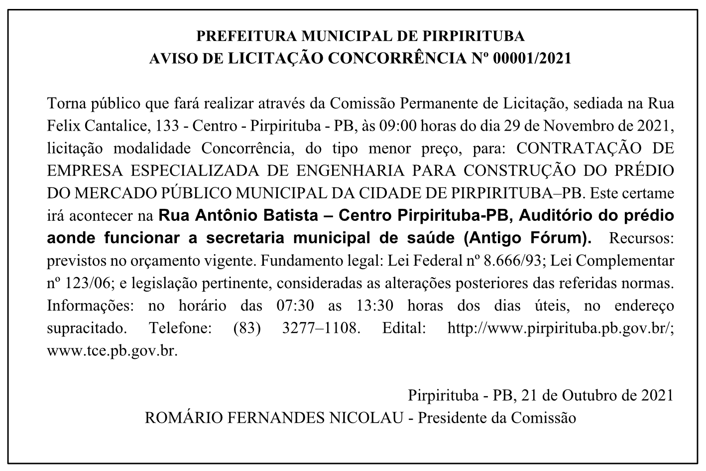 PREFEITURA MUNICIPAL DE PIRPIRITUBA – AVISO DE LICITAÇÃO – CONCORRÊNCIA Nº 00001/2021