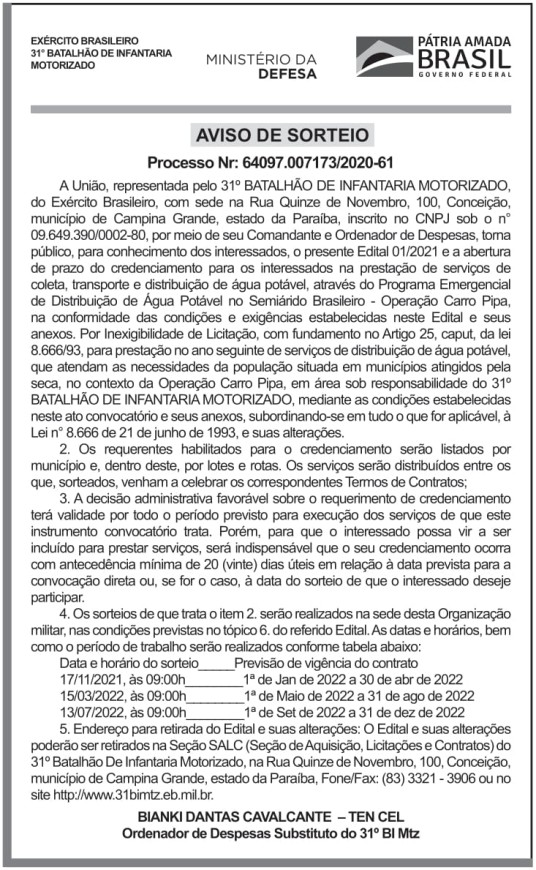 CMDO – 31º B INF MTZ – PB- Aviso de Credenciamento (AVISO DE SORTEIO – Edital 01/2021)