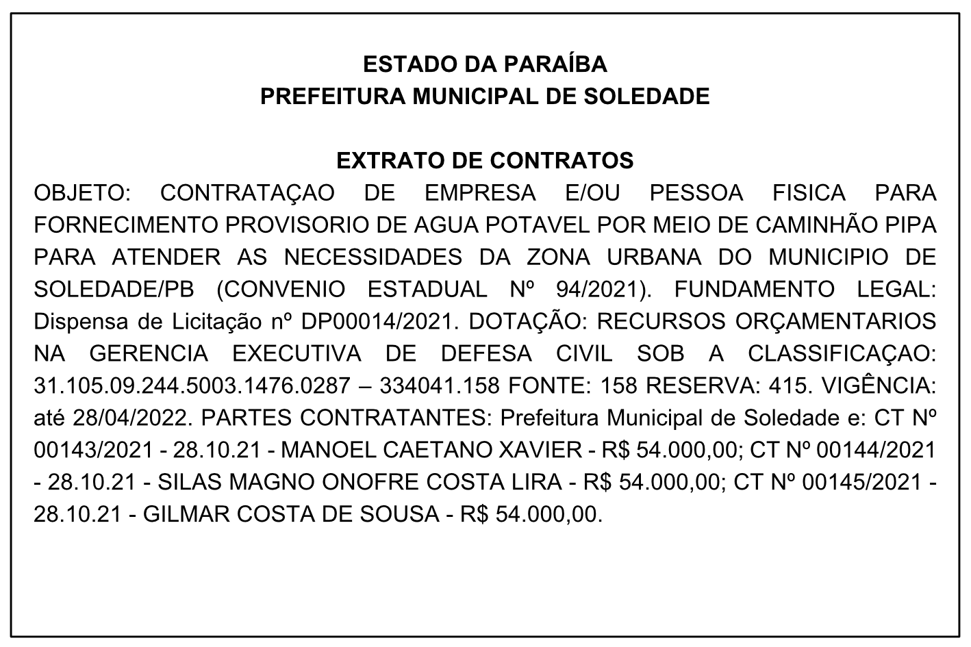 PREFEITURA MUNICIPAL DE SOLEDADE – EXTRATO DE CONTRATOS