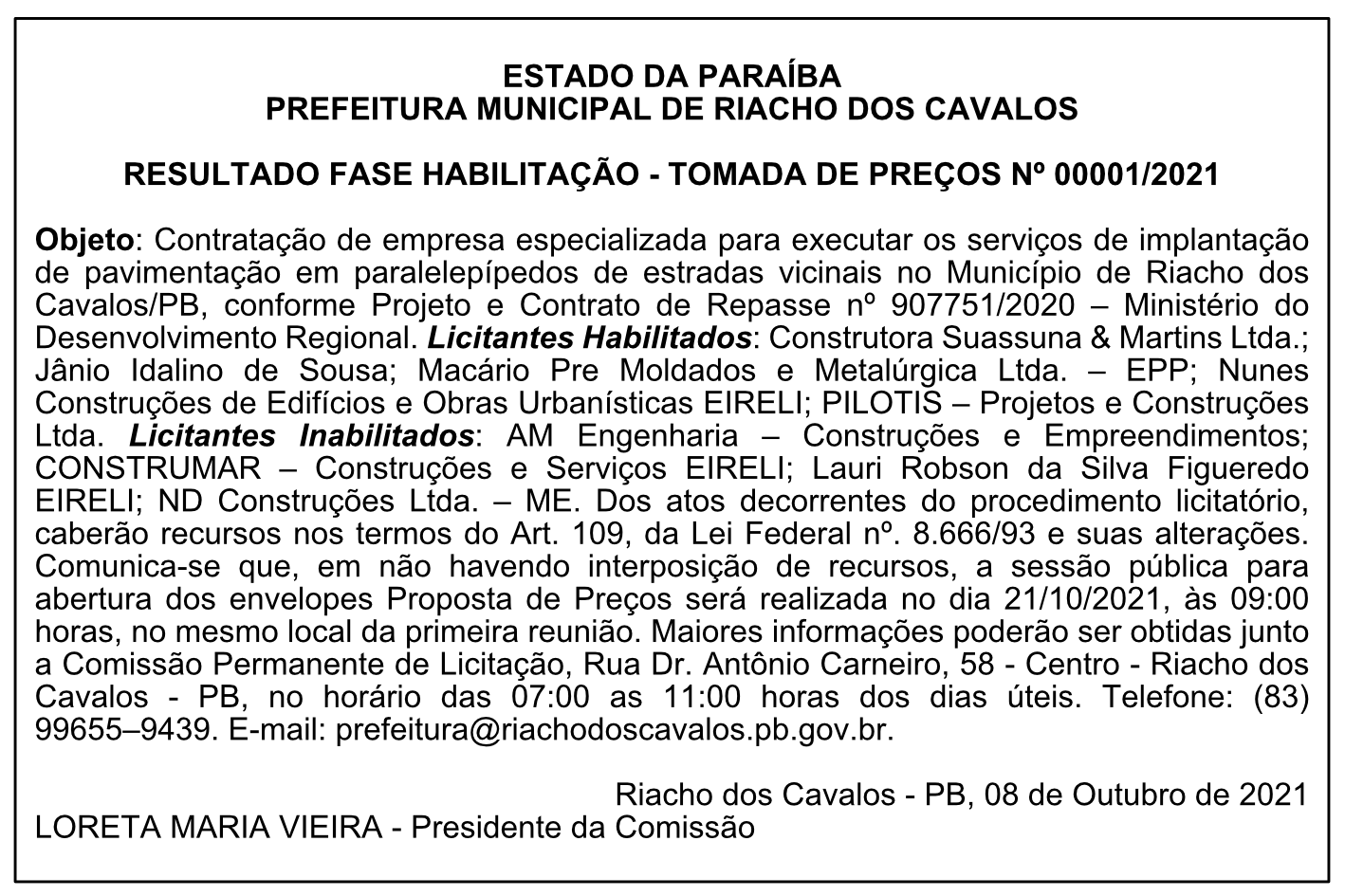 PREFEITURA MUNICIPAL DE RIACHO DOS CAVALOS – RESULTADO FASE HABILITAÇÃO – TOMADA DE PREÇOS Nº 00001/2021