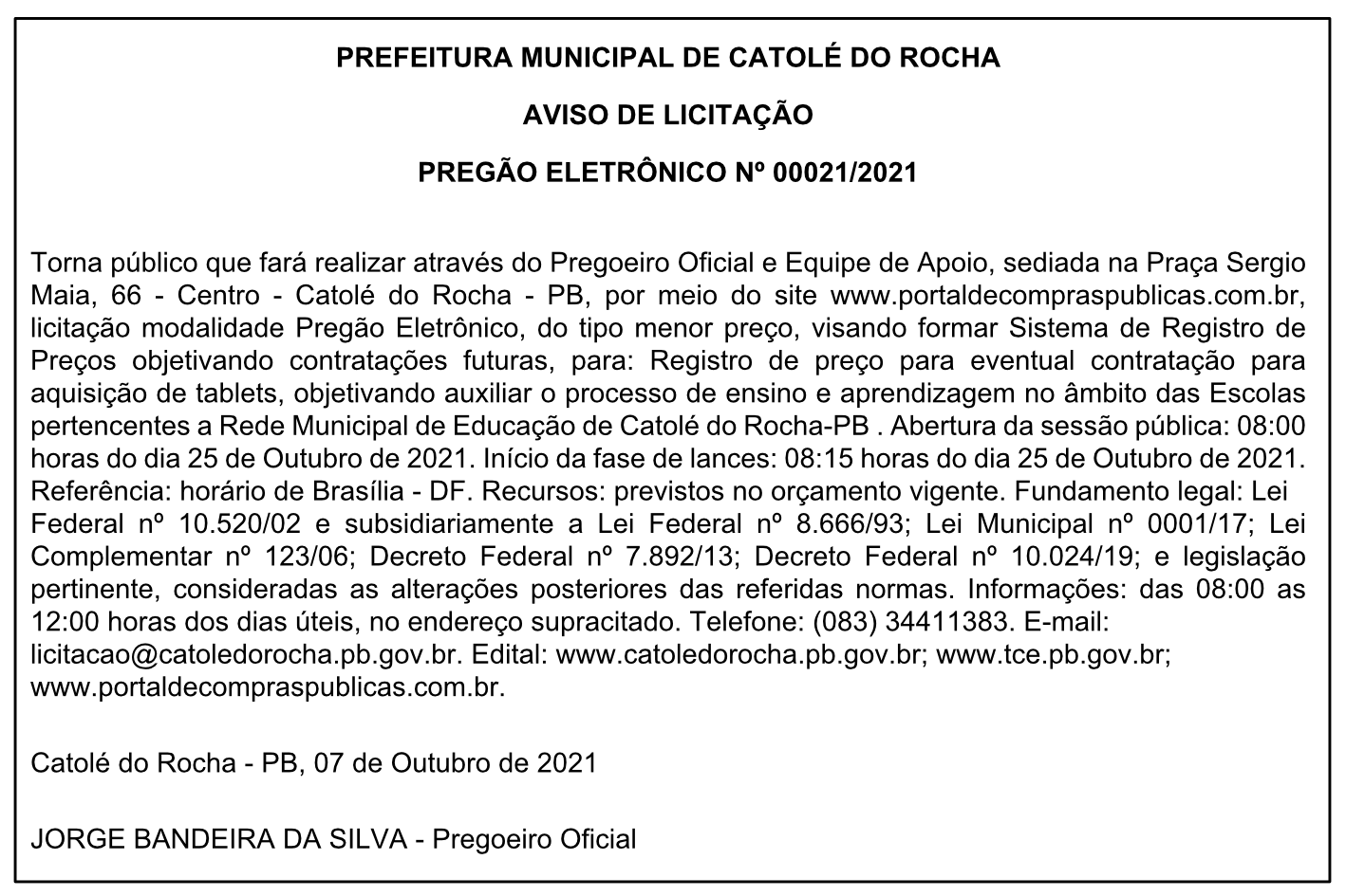 PREFEITURA MUNICIPAL DE CATOLÉ DO ROCHA – AVISO DE LICITAÇÃO – PREGÃO ELETRÔNICO Nº 00021/2021